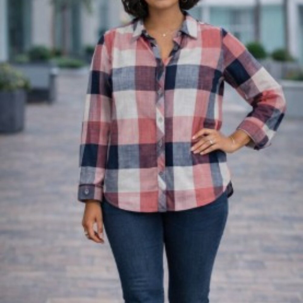 Pulse Pink Navy Cream Multicolor Plaid Button Up Collared Shirt Large
